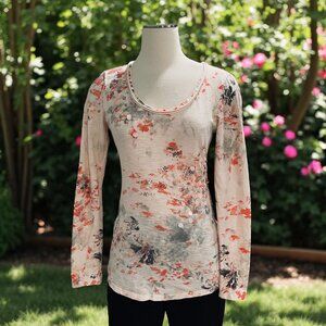 Miss Me Embellished Long Sleeve Mesh Back Floral Boho Top Medium Artsy Chic